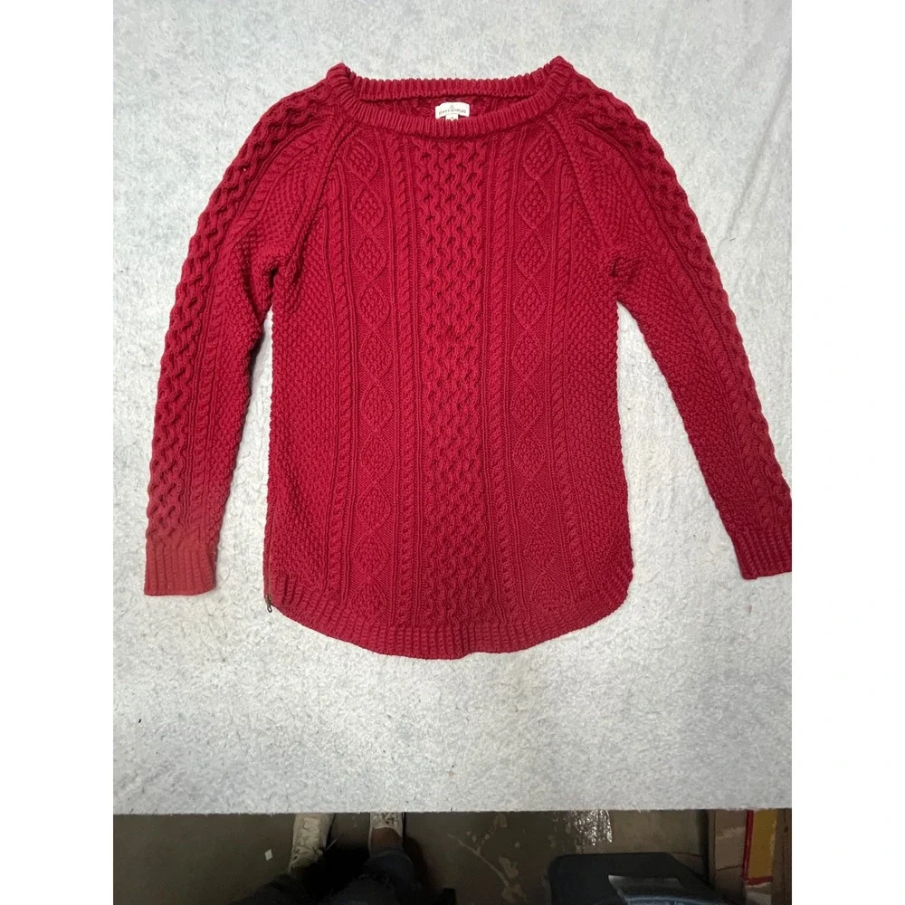 LL Bean Signature Red chunky Cable Knit Cotton Sweater Side Zip Womens‎ Medium